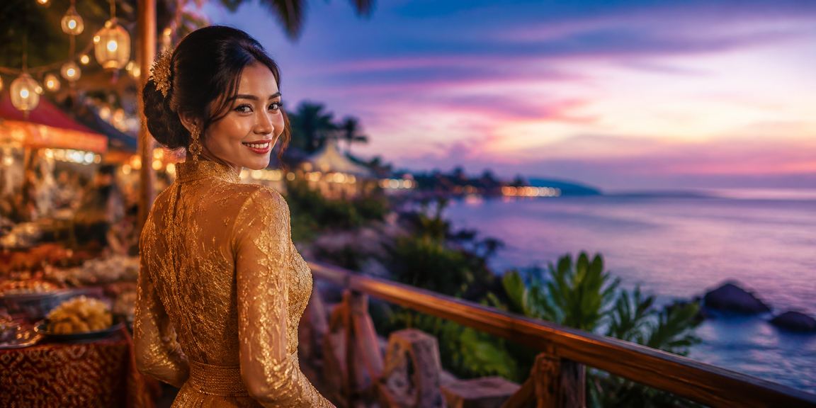 Pemain Malaysia menikmati bonus deposit melalui platform 2100 dengan pakaian tradisional kebaya